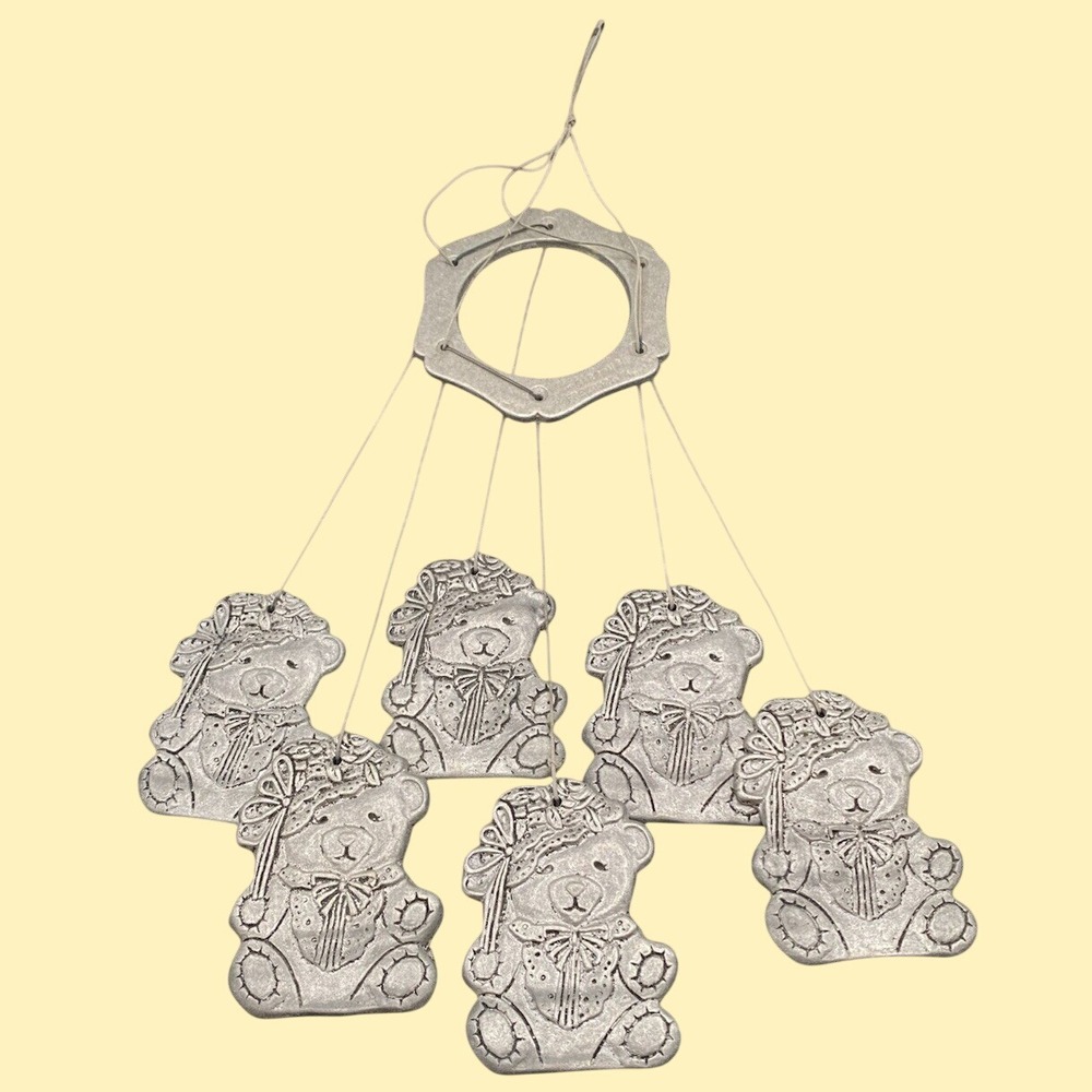 Vintage Pewter Carson Freeport Metal Silver Wind Chimes Teddy Bears 1990s